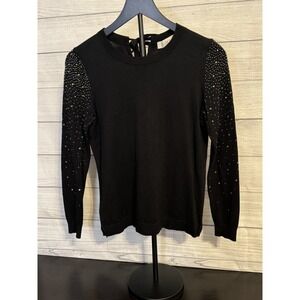 LOFT Petite Small Black Sweater Sequin Embellished Sleeves Tie Back Bow Neck
